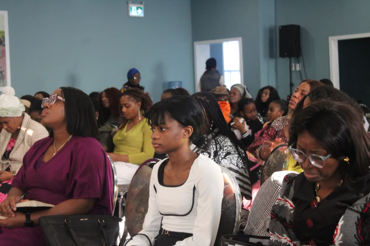 Congregation seated and listening during Sunday service